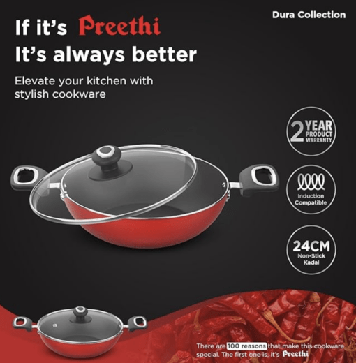 ‎Preethi Dura Collection Non Stick Kadai, 26 cm, with Glass Lid, Gas & Induction Compatible, 5 Star Non Stick Effect, Chilly Red - Image 2